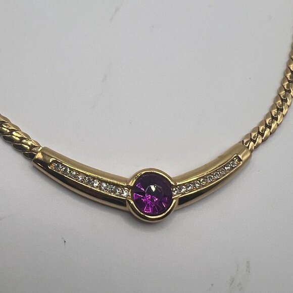 Vintage Goldtone Woven Chain Collar Necklace with Purple Cabochon - Picture 2 of 7
